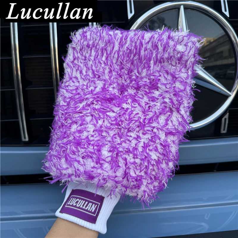 Lucullan Logo Премиум Фиолетовые перчатки из микрофибры Супервпитывающая пенопластовая строчка Внутренняя подкладка Варежка для мытья автомобиля Мытье и уход за машиной