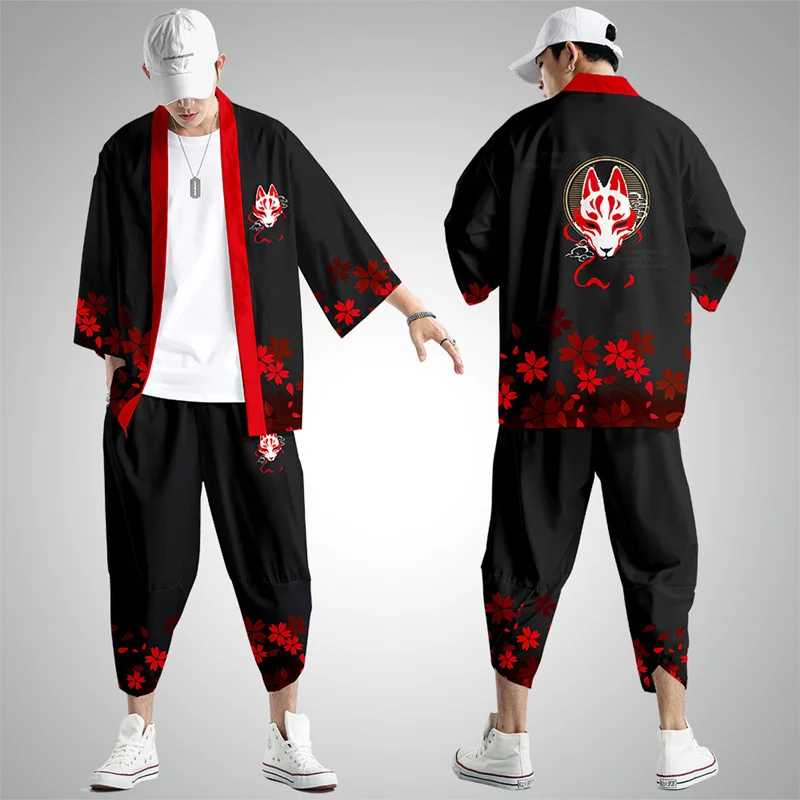 Большой размер 5XL 6XL японское кимоно кардиган брюки комплект с принтом лисы для мужчин и женщин рубашка традиция юката хаори Оби косплей костюм Мужские комплекты (новые)