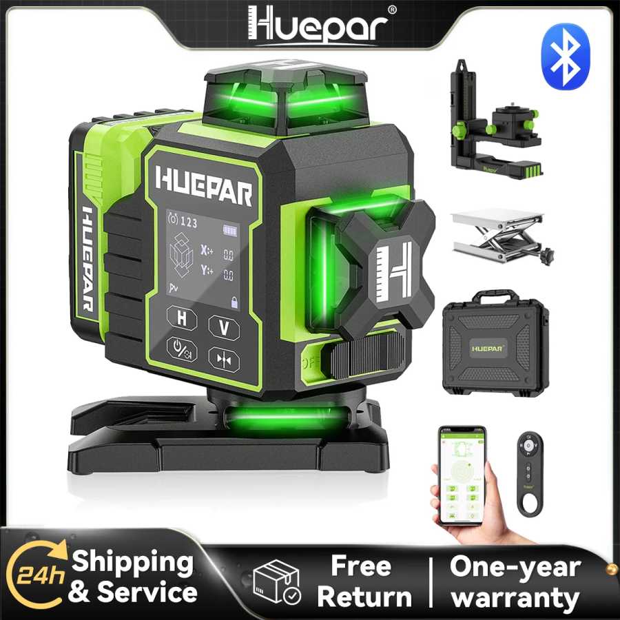 Лазерный уровень Huepar W04CG Green Cross 4D 16-линейный Bluetooth-лазерный нивелир с электрическим вращающимся основанием, большим ЖК-экраном и пультом дистанционного управления Инструменты для измерения и анализа
