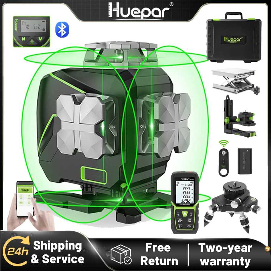 Huepar S04CG 16 линий 4D Cross Line Laser Level ЖК-экран Bluetooth Пульт дистанционного управления Зеленые лазерные инструменты с адаптером и дальнометром Инструменты для измерения и анализа
