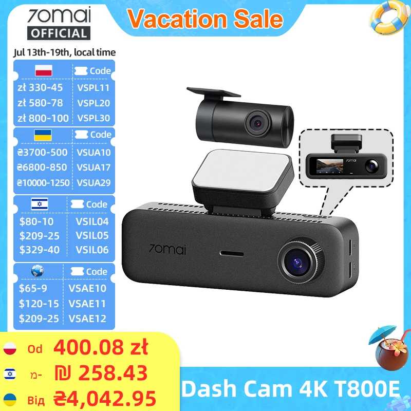 70mai T800E 3-Channel Front 4K + Rear 1080P + Interior 1080P HDR Supercapacitor 24H Parking GPS WiFi 6 70mai T800E Voice Control Автоэлектроника