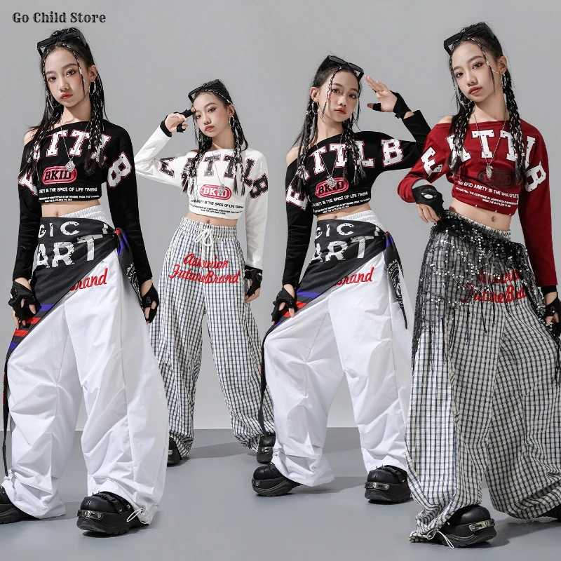 K-pop модный укороченный топ с открытыми плечами для девочек, брюки-карго, танцевальные шорты, детская уличная одежда в стиле хип-хоп, детские комплекты одежды для джазовых девочек Детская одежда