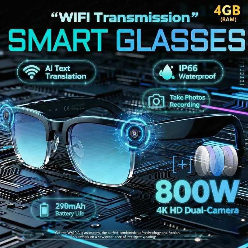 Новые умные очки 2026 года с ИИ, 4K, HD-камерой 8 МП, видео 1080P, переводом на 100+ языков, Wi-Fi, Bluetooth, звонки, музыка, для мужчин и женщин Умная электроника