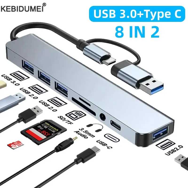 Адаптер USB 3.0 типа C, док-станция, порт USB 2.0, TF, устройство чтения карт SD, аудиовыход, разветвитель нескольких концентраторов для компьютера Macbook Pro Компьютерная периферия