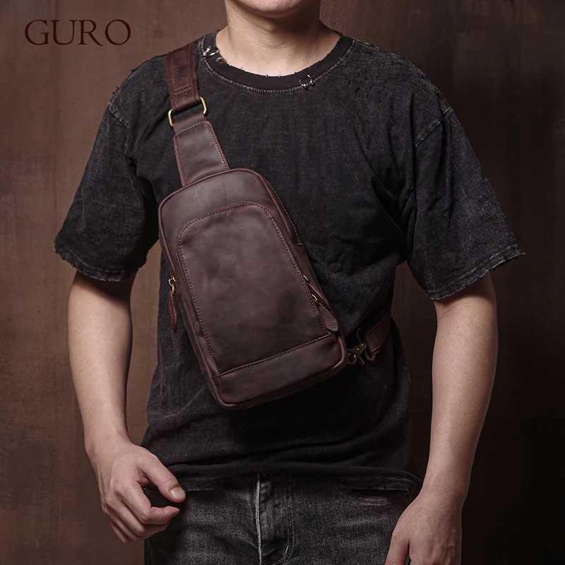 Роскошная нагрудная сумка GURO Top Crazy Horse из воловьей кожи, мужская сумка на ремне из натуральной кожи, винтажная дорожная сумка через плечо высокого качества Мужские сумки
