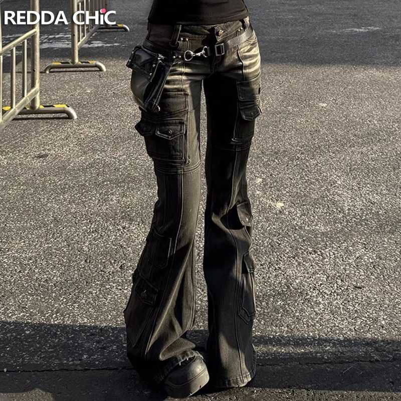 Джинсы REDDACHiC черные с низкой талией, в стиле 2000-х, с эффектом потертости, с множеством карманов, стрейч, буткат, женские, ретро, гранж, уличный стиль Джинсы（Новые）