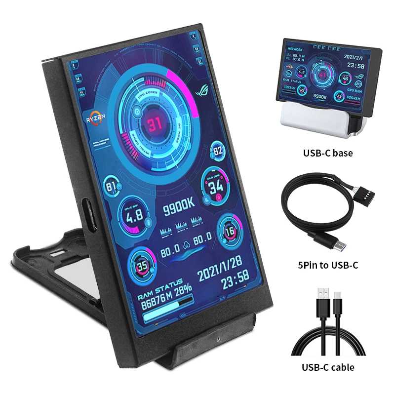 3,5/5-дюймовый дополнительный экран IPS Type-C Мини-компьютер USB-дисплей CPU GPU RAM Монитор жесткого диска с держателем Металлический корпус Нет использования AIDA64 Компьютерные комплектующие