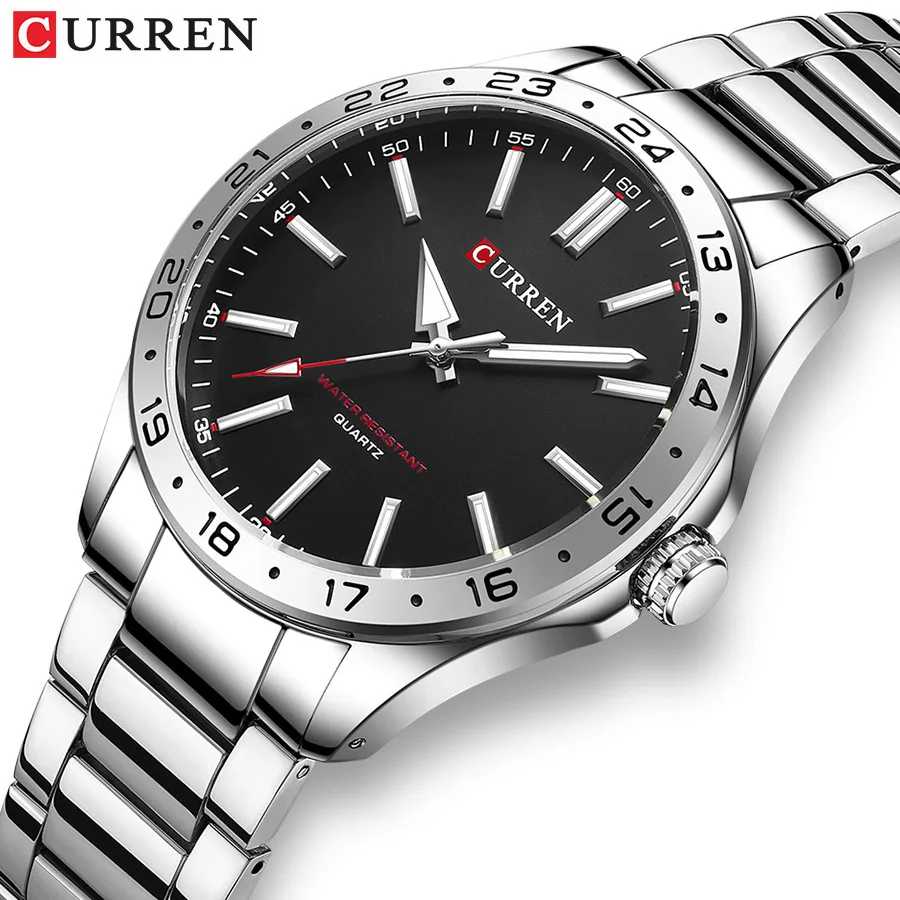 CURREN 8452 Мужские кварцевые часы Простые модные деловые часы для отдыха Черный Серебристый ремешок из нержавеющей стали Наручные часы для мужчин Мужские часы