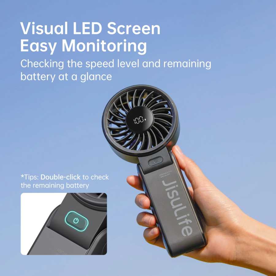 Фотография №2 товара Портативный ручной вентилятор JISULIFE с LED-дисплеем, 5 скоростей, 5000 мАч,