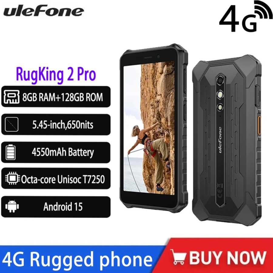 Прочный смартфон Global Ulefone RugKing 2 Pro 4G AI Android 15 5,45 дюйма, 8 ГБ ОЗУ + 128 ГБ ПЗУ NFC OTG IP69K и IP68, мобильный телефон 4550 мАч Мобильные телефоны