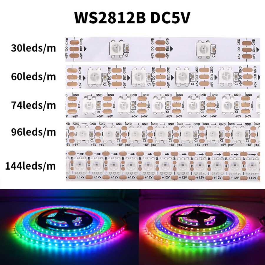 Светодиодная лента DC5V WS2812B, 30/60/74/96/144 светодиодов, умная RGB-лента с пиксельными элементами, черная/белая печатная плата, IP30/65/67, с микросхемой WS2811, 1м/2м/3м/4м/5м Светодиодная подсветка