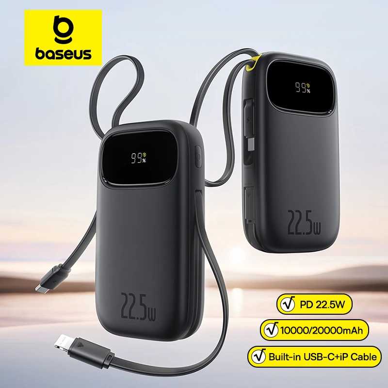 Baseus 10000/20000mAh 22.5W Power Bank со встроенным выдвижным кабелем USB-C/Lightning для iPhone 16/15/Samsung S25/Xiaomi Poco Аксессуары для мобильных телефонов