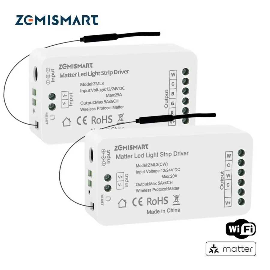 Умный контроллер Zemismart Matter Over WiFi для светодиодных лент RGBCW CCT, совместимый с HomeKit, SmartThings, Google Home, Alexa, HA 
