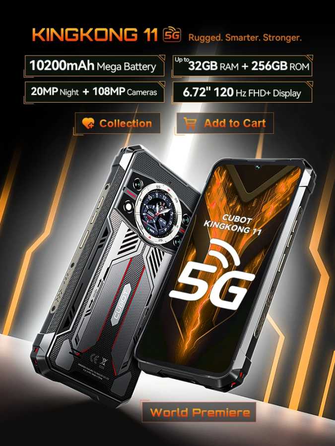 Защищенный Смартфон 5G Cubot KingKong 11, 10200 мА&middot;ч, Dimensity 7025, техпроцесс 6 нм, 2,5 ГГц, 32ГБ ОЗУ (16ГБ + 16ГБ расширение), 256 ГБ ПЗУ, камера 108МП, экран 6,72 дюйма, 120 Гц, задний экран 1,32 дюйма, 5G телефон Мобильные телефоны