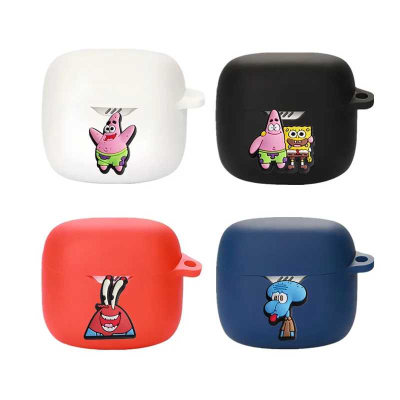 Чехол для наушников Potdemiel SpongeBob для JBL Tune Flex/Flex 2, силиконовые беспроводные наушники, зарядное устройство, защитный чехол с крючком Портативное аудио и видео