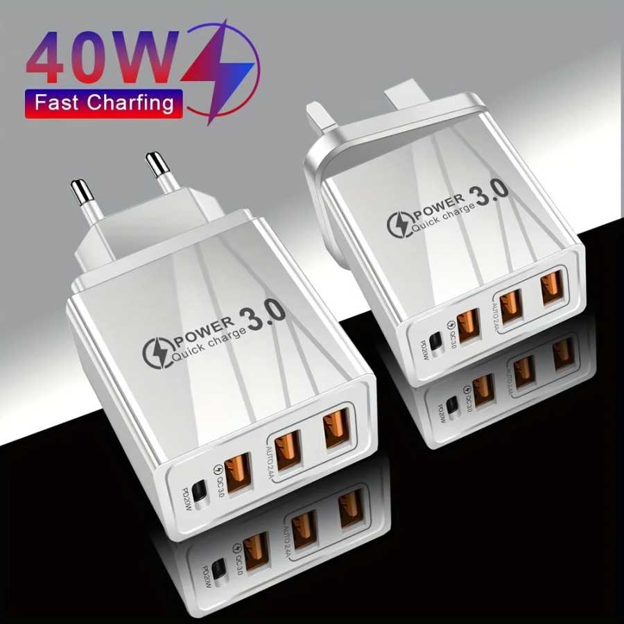 Зарядное устройство 40 Вт с 3 USB-портами + 1 портом Type-C, стандарты ЕС/Великобритания/США, многопортовое зарядное устройство с кабелем для передачи данных 0,3 метра, аксессуары для мобильных устройств Аксессуары и запчасти