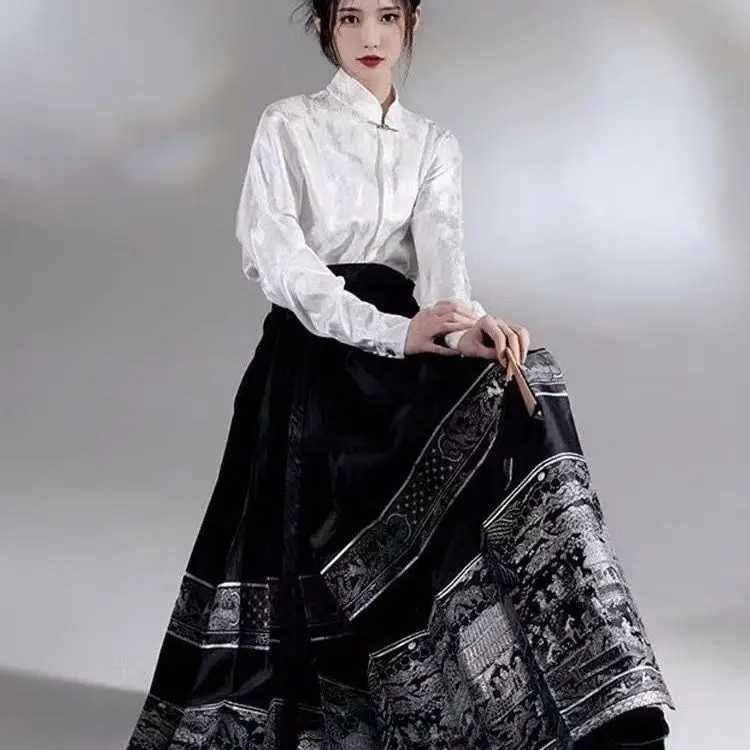 Фотография №1 товара Модная жаккардовая рубашка Hanfu, костюм с юбкой, традиционный белый топ,