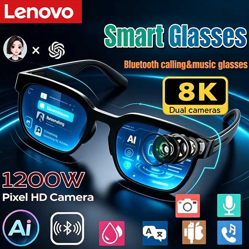 Умные Bluetooth-очки Lenovo 2026 с ИИ-переводом, прослушиванием музыки и записью разговоров, смарт-солнцезащитные очки для мужчин и женщин Умная электроника