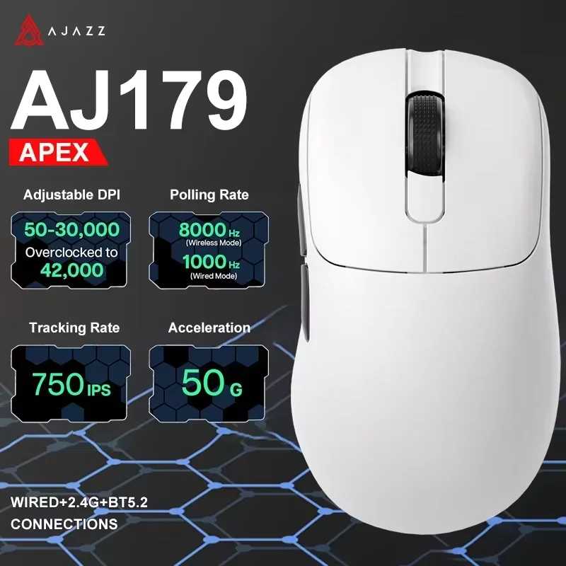 Беспроводная игровая мышь Ajazz AJ179 Apex PAW3950 с RGB-подсветкой и зарядной док-станцией, компьютерная мышь для геймеров с макросами, легкая эргономичная мышь для ПК Компьютерная периферия