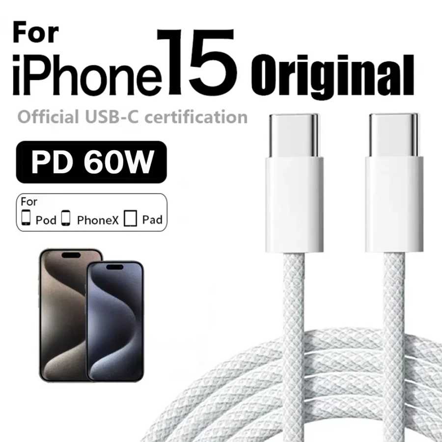 Оригинальное зарядное устройство PD 60W с быстрой зарядкой, кабель USB-C на Type-C 6A для iPhone 15 16 17 Pro MAX, быстрая зарядка для Samsung S26, кабель для Xiaomi Аксессуары для мобильных телефонов