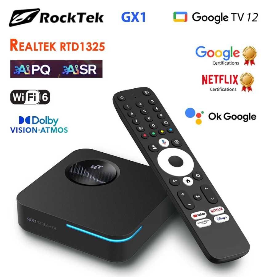 ТВ-приставка RockTek GX1 UHD Google TV 14 с поддержкой Netflix, сертифицированная Google, 4 ГБ ОЗУ, 32 ГБ ПЗУ, Realtek1325, поддержка Dolby Atmos, 2T2R, Wi-Fi 6, BT 5.2, Android TV Box ТВ, аудио- и видеотехника