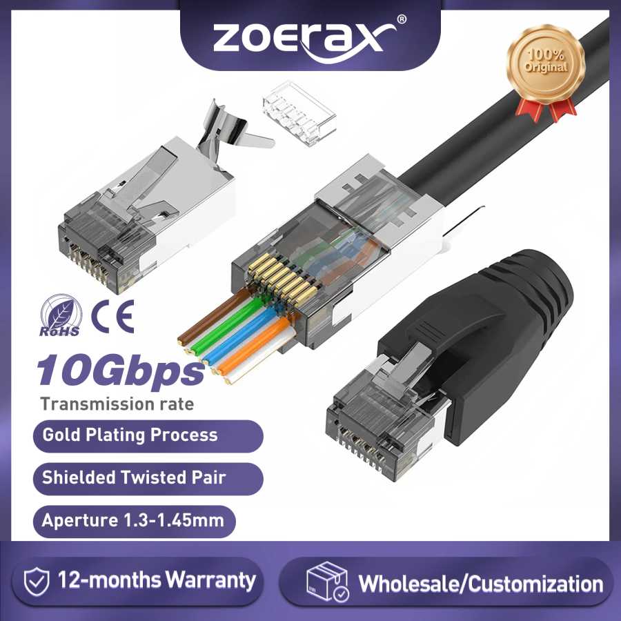Разъемы ZoeRax CAT6A CAT7, проходные коннекторы RJ45 для CAT6A CAT7, экранированные, 3-контактные с защитными колпачками от перегрузки нагрузкой, черные Компьютерная периферия