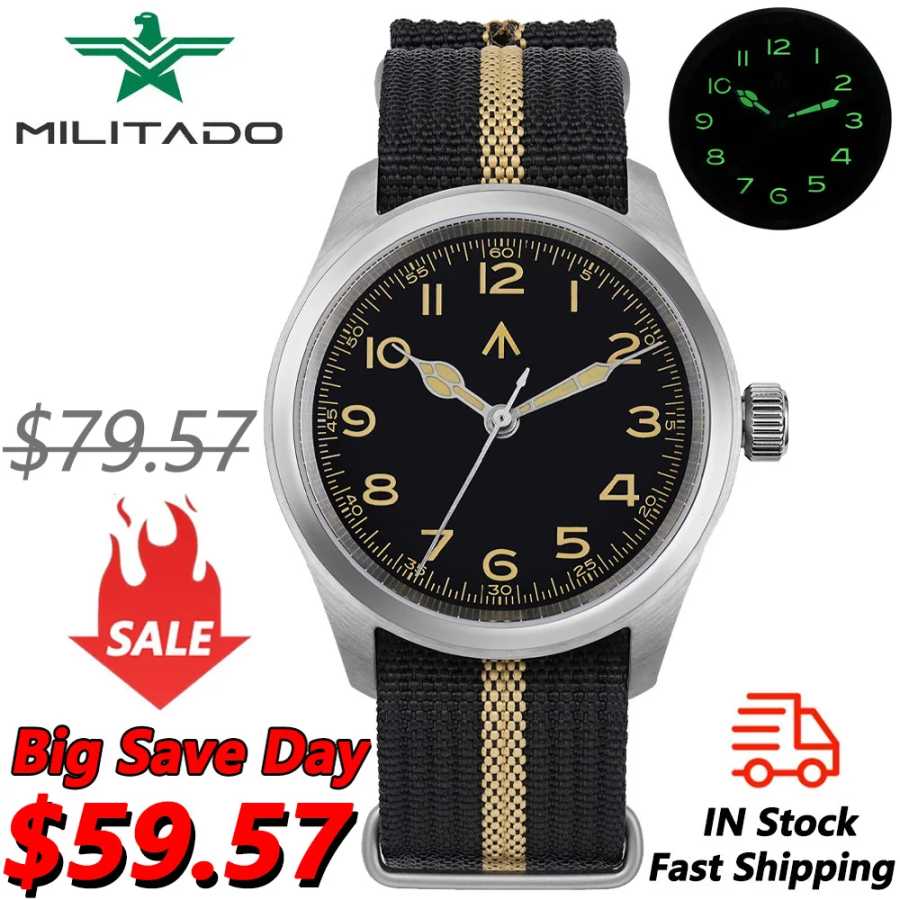 Militado ML08 38 мм Кварцевые часы VH31 Механизм с двойным куполом и сапфировым стеклом Наручные часы Super C3 Зеленые светящиеся винтажные часы Мужские часы