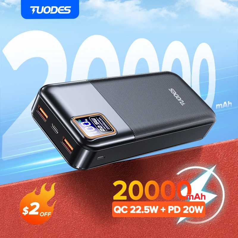 Tuodes Power Bank 20000 мАч PD20W Внешняя большая емкость аккумулятора 22,5 Вт Портативное зарядное устройство для быстрой зарядки для iPhone Samsung Xiaomi Аксессуары для мобильных телефонов