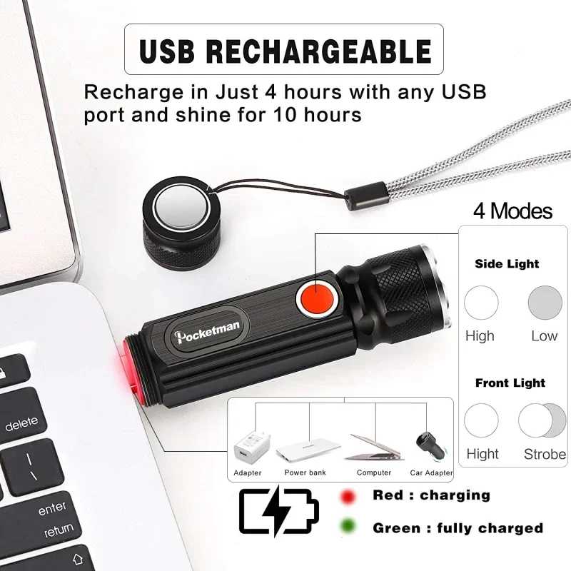 Фотография №3 товара Перезаряжаемые USB-фонарики с боковым освещением COB, светодиодный фонарик высокой мощности,