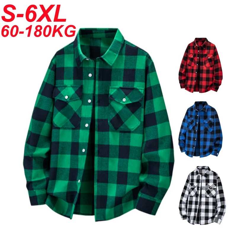 180 кг 6xl Мужские клетчатые рубашки большого размера с длинным рукавом Осень Зеленый Синий Красный Футболки Мужские Extra Plus Large Свободные 150 кг 160 кг 170 кг Мужская одежда больших размеров