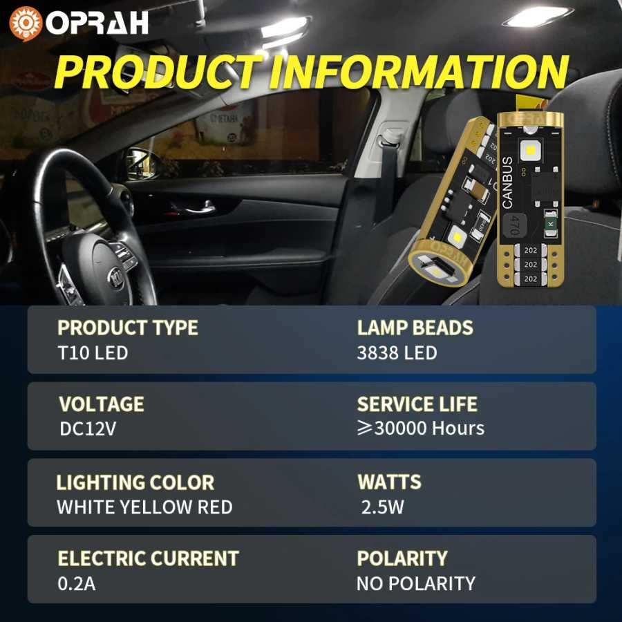 Фотография №5 товара Oprah 2 шт. светодиодные T10 W5W Canbus автомобильные фары без