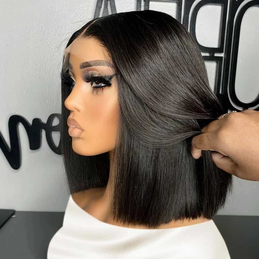 Парик-фронтал 13x4 Bone Straight с прозрачной сеткой, короткий боб, предварительно прорезанный, 4x4, из 100% бразильских человеческих волос, 12, 14, 16 дюймов Парики из натуральных волос (для брюнетов)