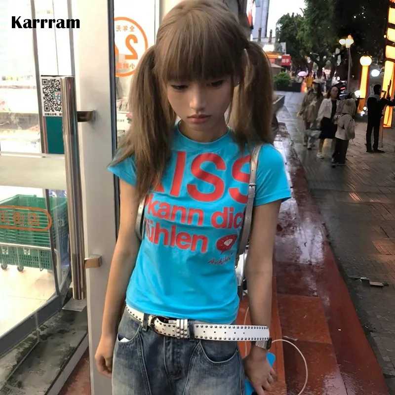 Karrram Японская футболка с буквенным принтом Y2k Trashy 2000-х Стиль Укороченный топ Винтаж Harajuku Футболка с короткими рукавами Американский ретро 90-х годов Футболки и топы