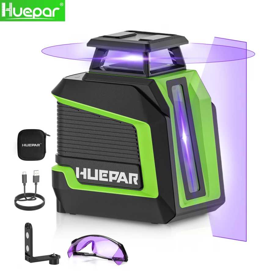 HUEPAR Фиолетовый лазерный уровень Самовыравнивающийся, многолинейный, 360&deg; &deg; Крестовая линия с импульсным режимом, 3 яркости, магнитное основание для строительства Инструменты для измерения и анализа