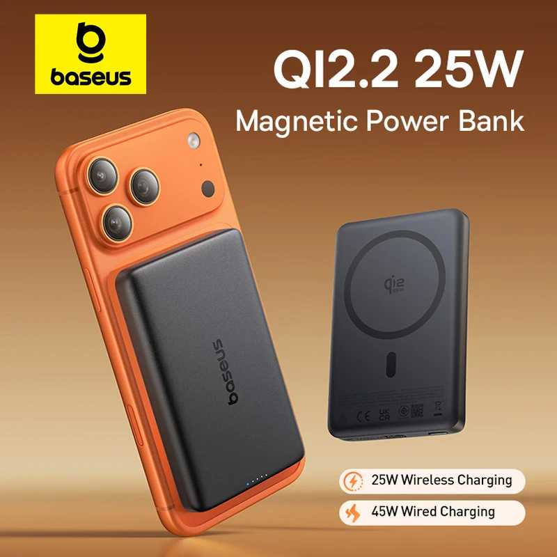 Внешний аккумулятор Baseus Qi2.2 25W 10000 мАч с магнитной беспроводной зарядкой и USB-C PD 45W для iPhone 17 16 Pro Max Samsung S25 Аксессуары для мобильных телефонов