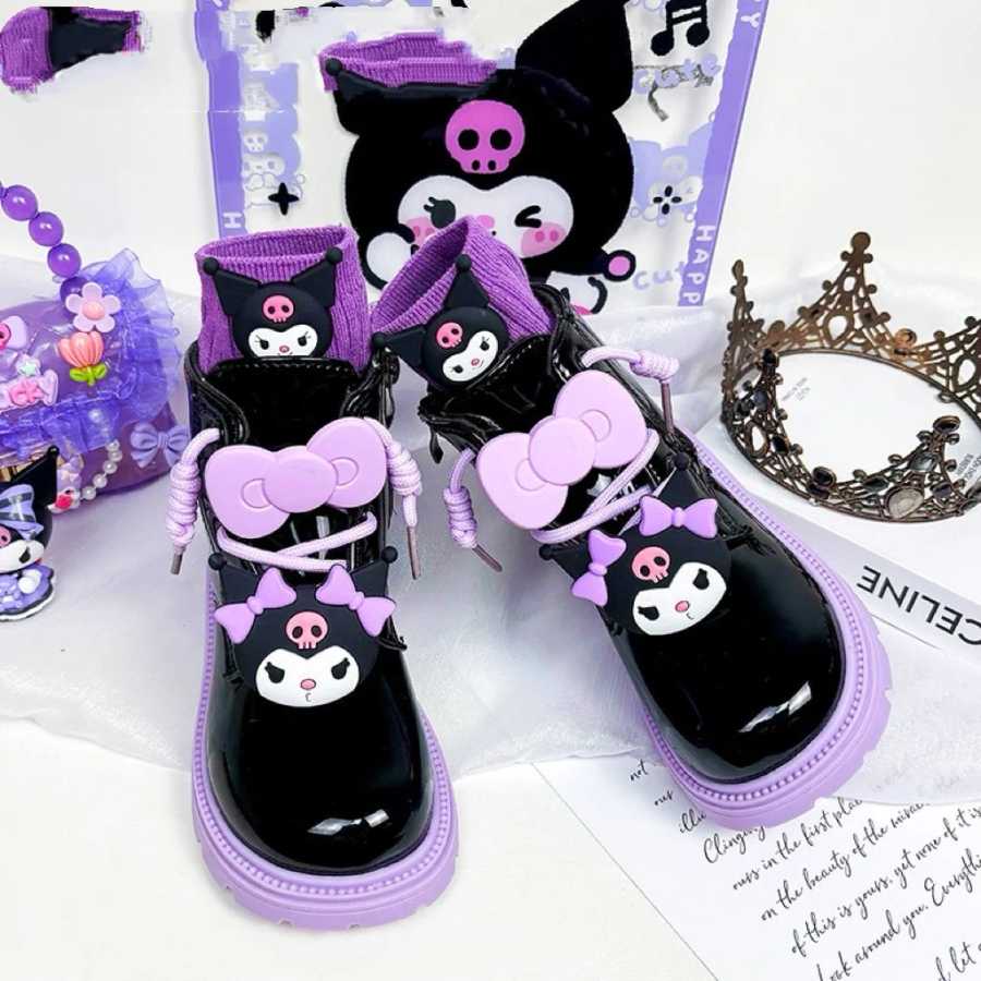Детская обувь принцессы Sanrio, милые кожаные ботинки Kuromi на мягкой подошве для девочек, удобные нескользящие осенне-зимние новые детские полусапожки Детская обувь
