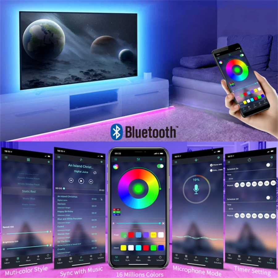 Фотография №1 товара Светодиодная лента RGB 5050 с управлением через приложение, подсветка для