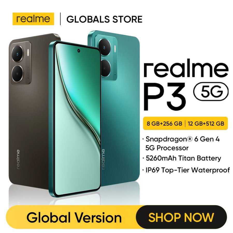 Распродажа Смартфон realme P3 5G с батареей 5260 мАч, NFC, чипсетом Snapdragon 6 Gen 4, 6.67-дюймовым AMOLED-дисплеем 120 Гц, глобальная версия Мобильные телефоны