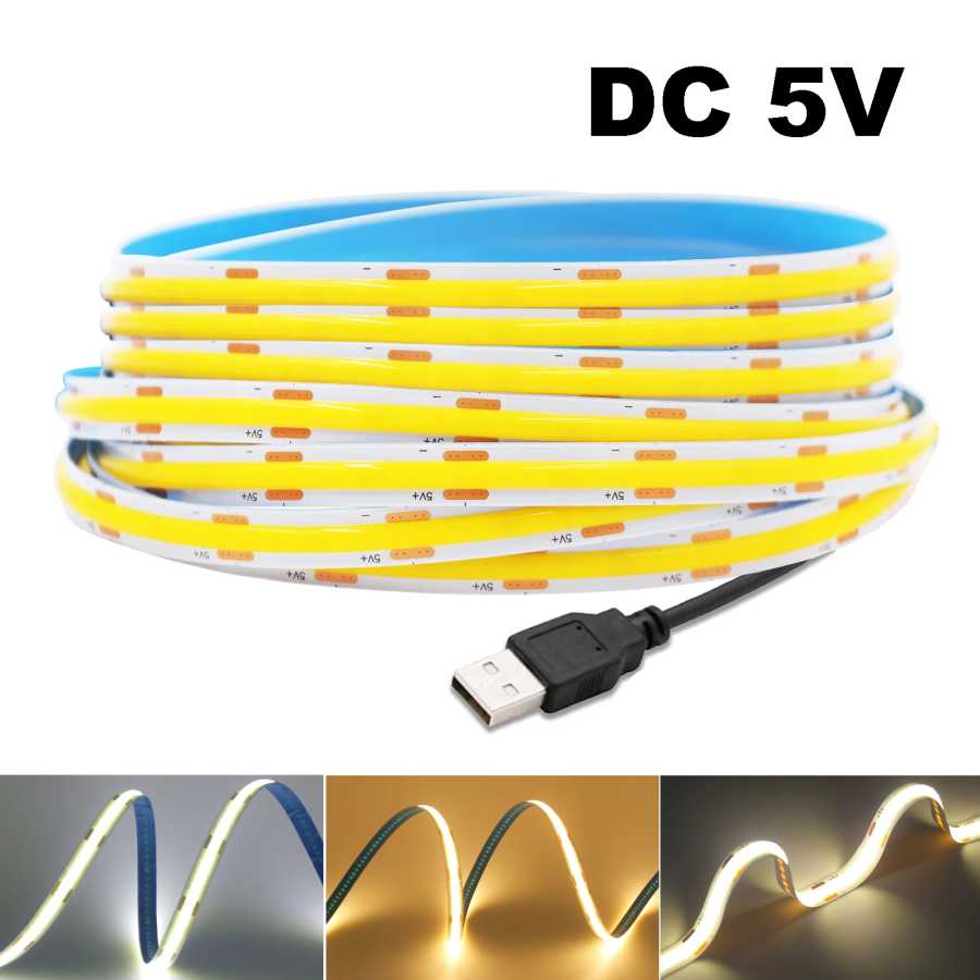 Супер яркая светодиодная лента USB DC5V COB 320LED/м Гибкое линейное освещение высокой плотности Теплый/натуральный/белый 50 см 1 м 2 м 3 м 4 м 5 м 