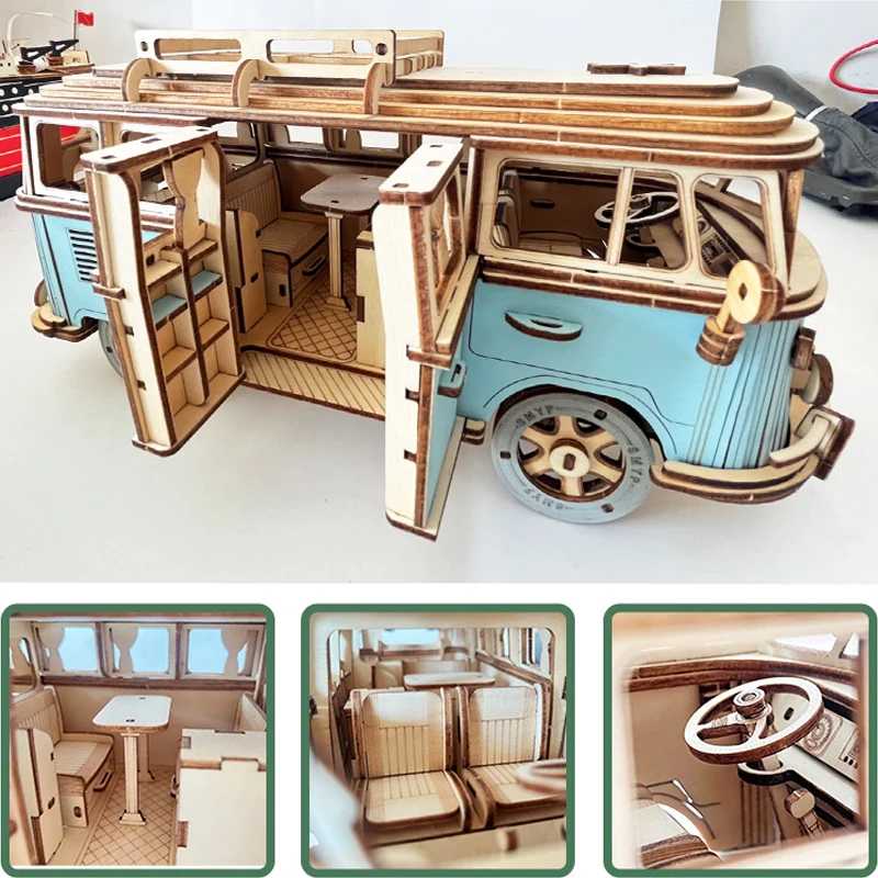 Ретро автобус в европейском стиле кемперван 3D деревянный автомобиль-головоломка DIY парусный корабль самолет здание модель дома головоломки игрушки для детей Игры и головоломки