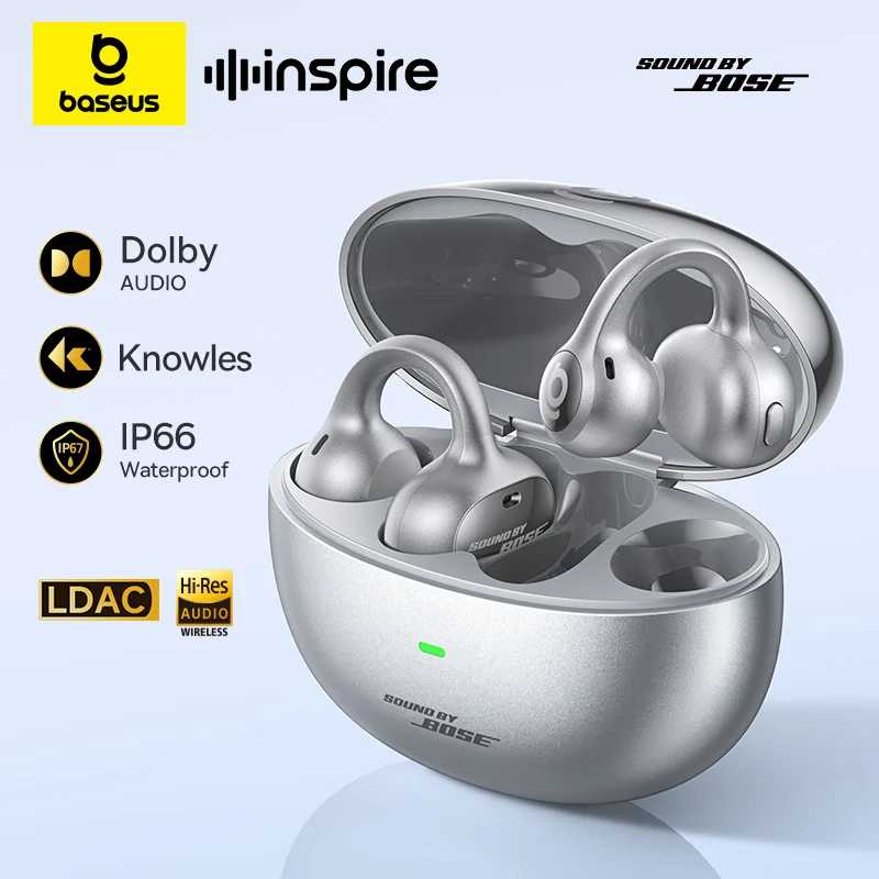 Беспроводные наушники Baseus Inspire XC1 Sound by Bose с Bluetooth 6.1, открытые наушники-клипсы с 4 микрофонами, наушники-клипсы с креплением на ухо. Портативное аудио и видео