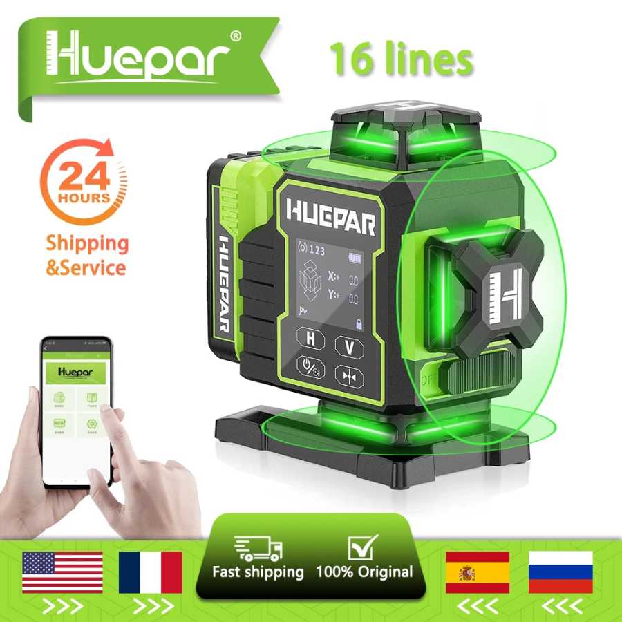 Лазерный нивелир Huepar W04CG 4D с 16 зелеными линиями, самовыравнивающийся, с ЖК-экраном, сенсорным управлением, пультом ДУ и Bluetooth-управлением Инструменты для измерения и анализа