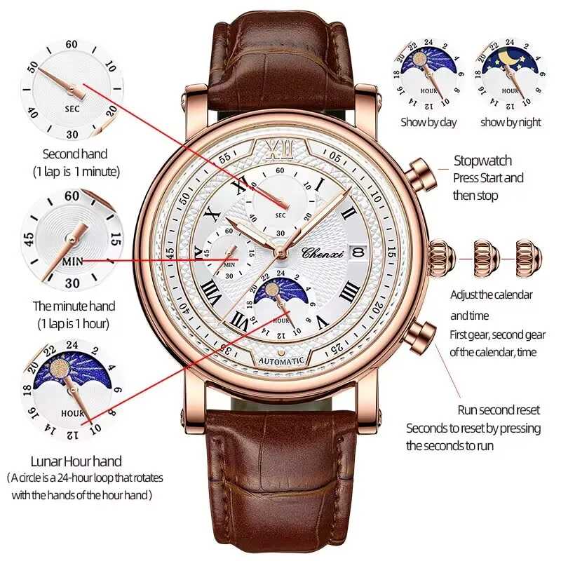 Мужские часы Chenxi 976 Leather Chronograph Date с функцией отображения фаз луны, светящимся циферблатом, кварцевым механизмом, для делового стиля. Мужские часы