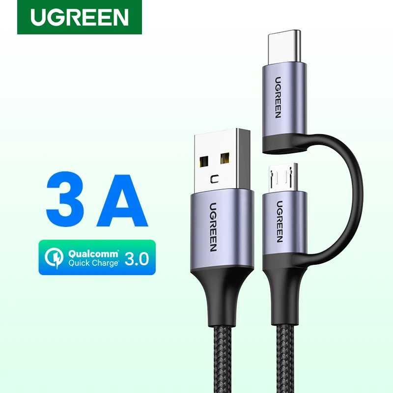 Кабель UGREEN 2-в-1 Type-C (USB-C) и Micro USB для быстрой зарядки и передачи данных для Samsung, iPhone 17, Xiaomi, iPad, Kindle Аксессуары для мобильных телефонов
