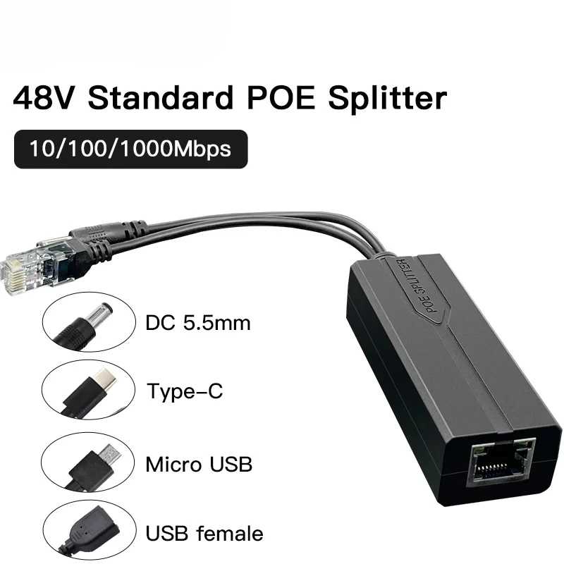 Комплект из 4 PoE-сплиттеров 48В на 5В/12В, 1.2А/2А, с поддержкой Micro USB и Type-C, 10/100/1000 Мбит/с для систем видеонаблюдения Доступ к автоматизации здания