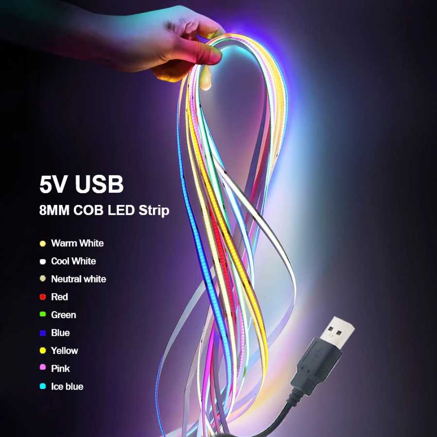 Фотография №1 товара 5 В USB COB светодиодная лента белый/красный/зеленый/розовый/голубой ледяной/желтый 320 светодиодов