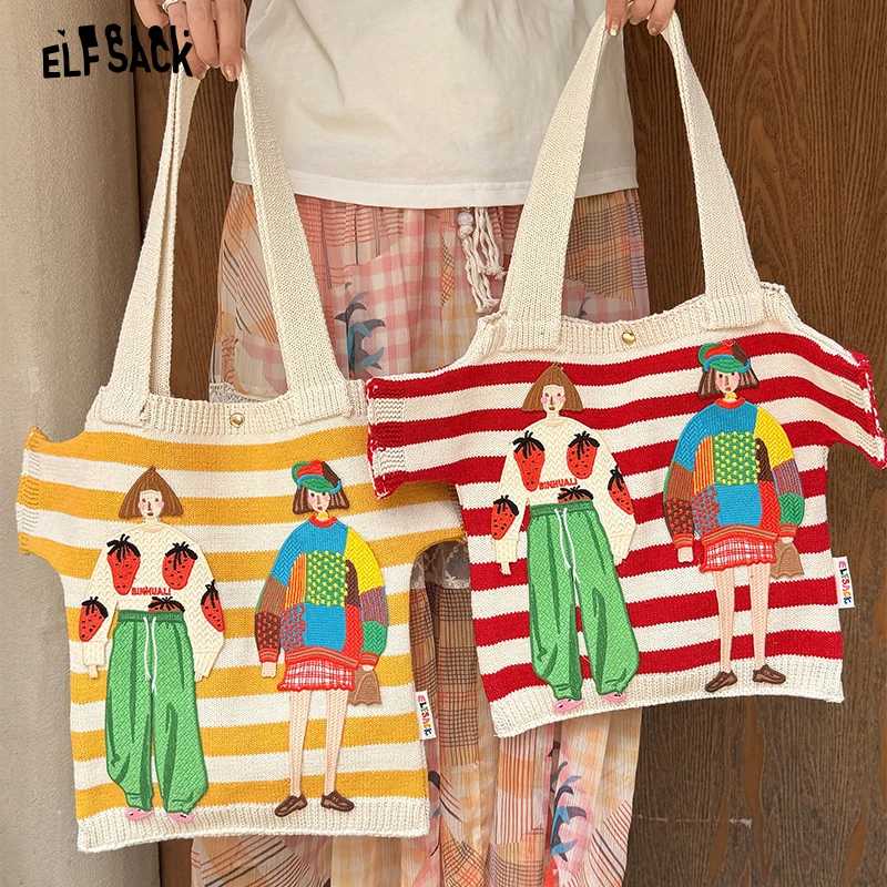 Сумка-тоут из холщовой ткани ELFSACK с полосатой аппликацией, 2 цвета, с милым мультяшным персонажем, большая вместительная сумка для покупок на плечо Женские сумки