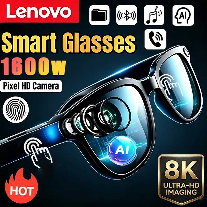 Умные очки Lenovo AI с камерой, записью фото 8K, Bluetooth 5.4, дистанционным управлением, сенсорным переводчиком, голосовым помощником, беспроводные солнцезащитные очки 