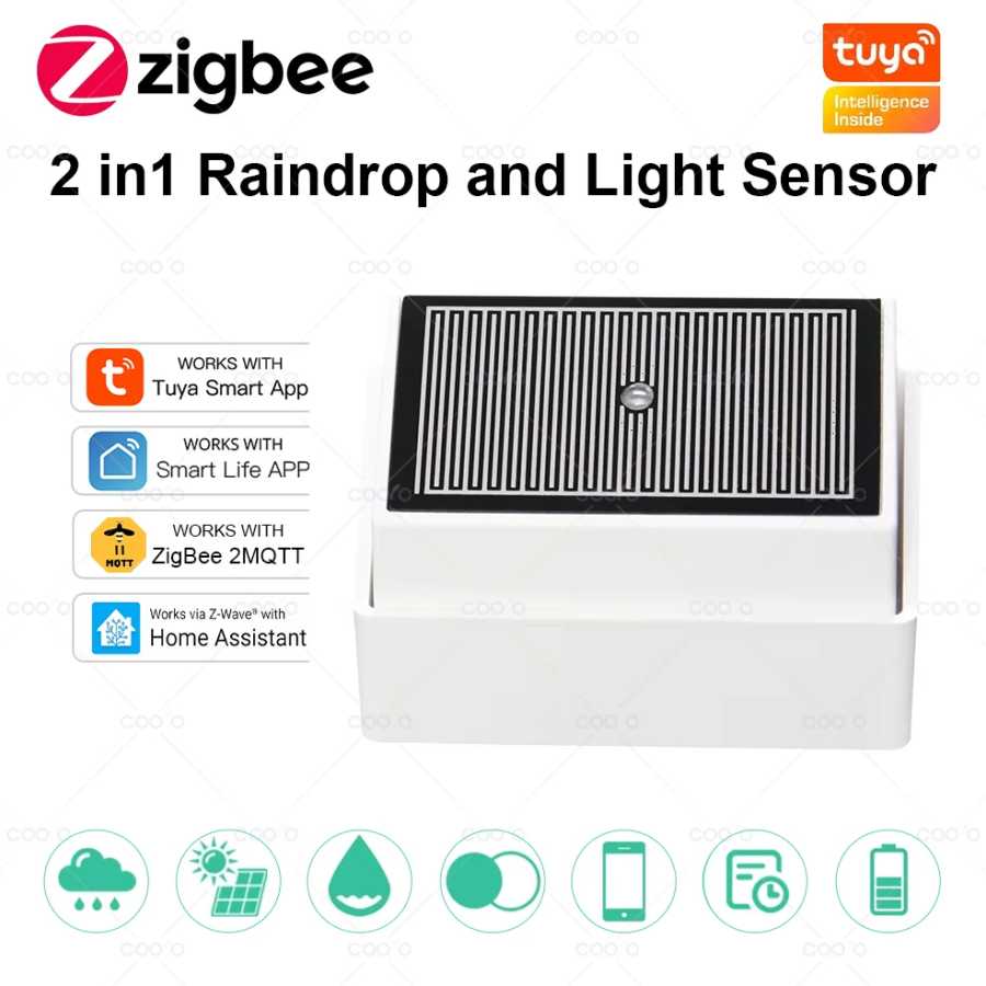 Датчик дождя Tuya Zigbee 2 в 1 с детектором освещенности IPX4 Открытый водонепроницаемый детектор дождя работает с Smart Life Home Assistant Z2M Системы умного дома