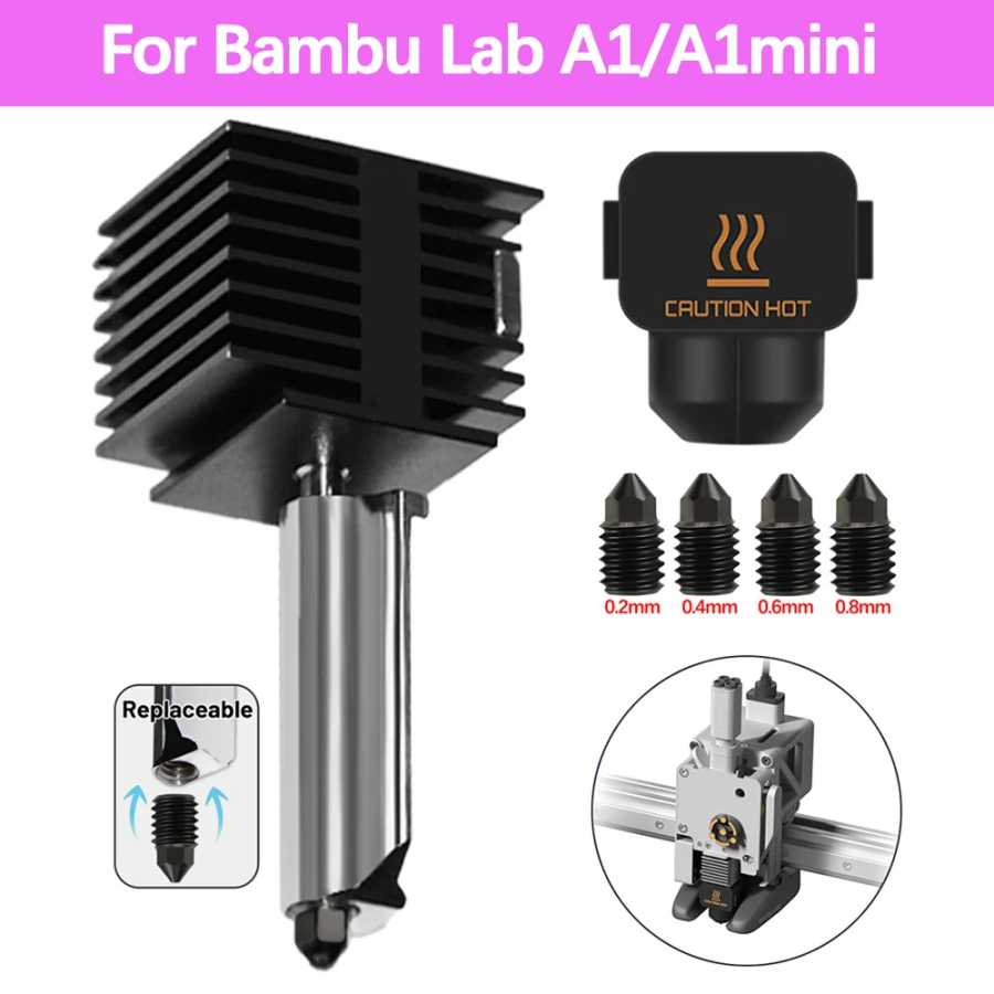 Для Bambu Lab A1/A1 Mini Hotend Kit, быстрая печатающая головка в сборе, термисторный нагреватель, сопло из закаленной стали 0,2/0,4/0,6/0,8 мм 3D-печать